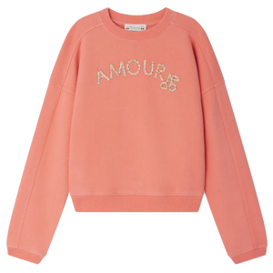 The Bonpoint Girls' Gena Sweatshirt in fleece features "AMOUR" and a small heart embroidered on the chest in textured lettering.