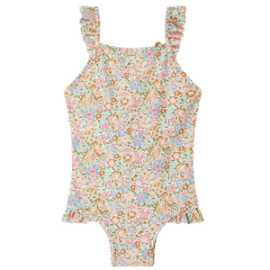 The Bonpoint Baby Girls' and Girls' Cecilia Ruffled Swimsuit with Liberty Print features pastel floral patterns and ruffle accents on straps and legs, crafted from soft Liberty fabric.