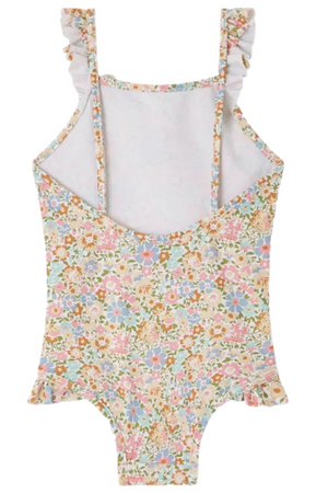 The Bonpoint Baby Girls' and Girls' Cecilia Ruffled Swimsuit features a Liberty print with ruffle details on the shoulder straps and hips.