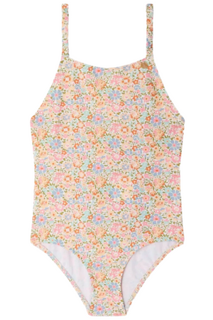 The Girls' Emna Swimsuit One-Piece in Liberty Print by Bonpoint features thin straps and a pastel floral pattern in pink, orange, blue, and green tones.