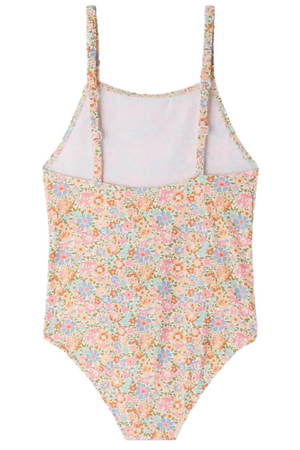 Bonpoint's Girls' Emna Swimsuit One-Piece in Liberty Print features thin straps and a pastel floral design in pink, blue, and green on a white background.