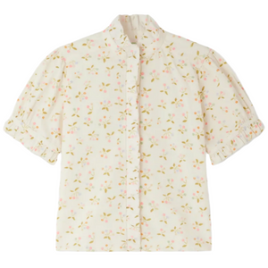 The Bonpoint Girls' Cindy Blouse features a cherry print, crafted from soft organic cotton with a ruffled collar and button front.