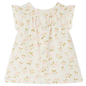 The Bonpoint Baby Girls' and Girls' Narni Blouse features a cherry print, ruffle sleeves, and a button-down front, crafted from cream-colored organic cotton for a soft, charming look.