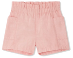 Bonpoint Baby Girls' and Girls' Nougat Shorts in soft cotton chambray feature a light pink hue, an elastic waistband, and two front pockets, showcased against a plain background.