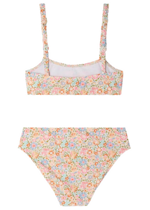 The Bonpoint Girls' Eyma Swimsuit Two-Piece features a pastel Liberty floral print with a straight neckline top, adjustable straps, and high-waisted bottoms.