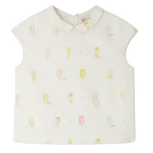 The Bonpoint Girls' Elivia Blouse with Ice-Cream Motifs is a sleeveless white top with a Peter Pan collar, adorned with playful pastel ice cream and popsicle prints, crafted from soft organic cotton.