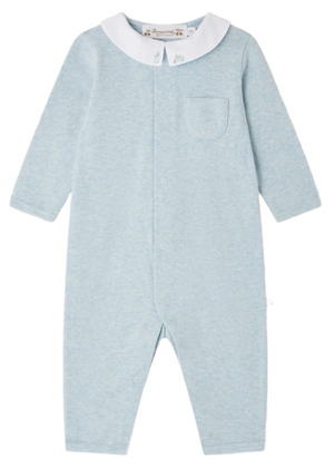 Bonpoint’s Baby Boys' Anton Pajamas with Embroidered Rabbit Collar feature light blue ribbed cotton, a white Peter Pan collar, front snap buttons, chest pocket, and closed feet—perfect as stylish pajamas for your little one.