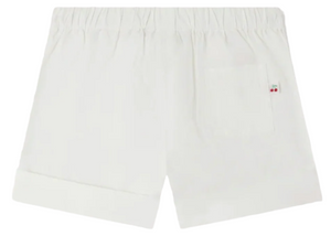 Bonpoint Baby Girls' and Girls' Ecandy Shorts in White Poplin feature organic cotton, an elastic waistband, rolled hems, and a single back pocket with a red embroidered Bonpoint cherry label on the right side.