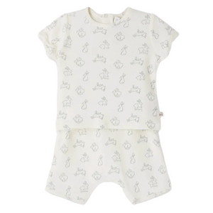 The Bonpoint Baby Boys' Fanilo Set features a white short-sleeve top and matching shorts, adorned with subtle light grey rabbit prints for a timeless look.