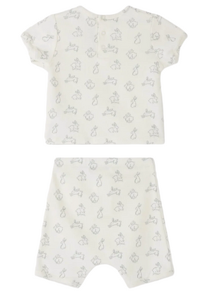 The Bonpoint Baby Boys' Fanilo Set with Rabbit Print features a white organic cotton two-piece—short-sleeve top and shorts—displayed flat from the back, showcasing its light grey rabbit motif, perfect for a charming Bonpoint-inspired look.