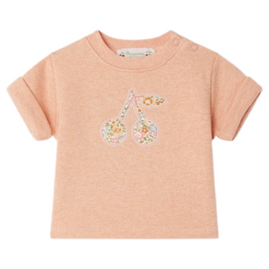Bonpoint's Baby Girls' Clelie T-shirt features a cherry motif with Liberty Fabrics, made from organic cotton. This light pink short-sleeved tee is soft and displayed on a white background.