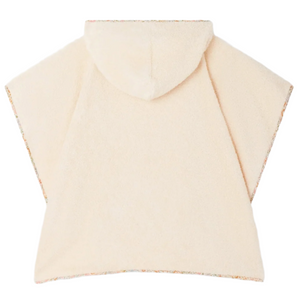 The Bonpoint Girls' Eneri Bath Poncho features Liberty fabric trim, short sleeves, a cream hue, and soft cotton terrycloth, shown flat with the hood up.