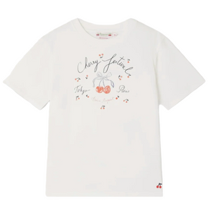 The Bonpoint Girls' Thida T-shirt in organic cotton features a cherry print, "Cherry Festival" cursive text, and the names Tokyo and Paris on the front.