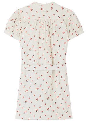 Back view of the Bonpoint Elorida Gathered Dress with Cherry Print: a girls' short-sleeved cream cotton dress featuring red cherries, gathered detailing, and a coordinating fabric belt at the waist.
