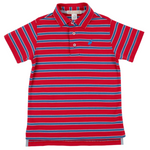 The Beaufort Bonnet Company's Baby Boys' and Boys' Prim & Proper Polo is a red, short-sleeve polo with blue and white stripes, a three-button collar, and a small blue logo embroidered on the left chest.