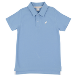 The Beaufort Bonnet Company’s Baby Boys' and Boys' Prim & Proper Polo features light blue short sleeves, a collar with two buttons, and a small embroidered bird logo for a classic preppy style.