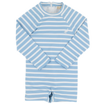 The Beaufort Bonnet Company's Baby Boys' Price Pool Romper is a light blue and white striped long-sleeve swim romper with UPF sun protection for children, shown laid flat on a white background.