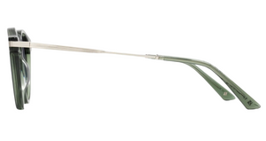 Side view of The Noto by Jimmy Fairly: green acetate eyeglasses featuring clear nose pads and thin, lightweight stainless steel arms.