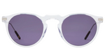 The Noto round sunglasses by Jimmy Fairly feature clear plastic frames made from lightweight acetate and dark purple lenses, shown against a white background.