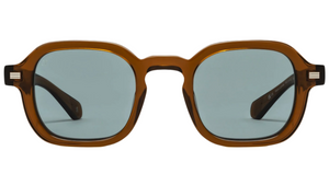 The Ezra by Jimmy Fairly: brown rectangular sunglasses with thick recycled acetate frames and blue-tinted lenses, displayed from the front against a plain background.
