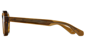 Side view of The Ezra eyeglass frames by Jimmy Fairly, crafted from recycled brown translucent acetate with engraved temple detailing, shown against a white background.