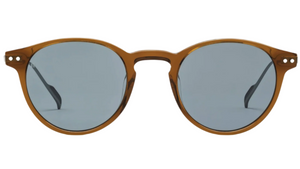 The Emilio by Jimmy Fairly: round sunglasses with light brown Japanese titanium frames and blue-tinted lenses, displayed on a white background.