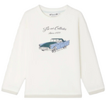 The Boys' Bartholome White T-shirt by Bonpoint features a blue vintage car print and "The car Collector Since 1975" on the front, crafted in organic cotton.