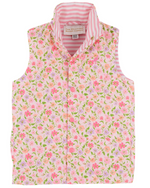 The Baby Girls' and Girl's Vaughn Vest by The Beaufort Bonnet Company features a Grand Cayman Gardens-inspired pink, green, and purple floral print with a pink-and-white striped inner lining, shown flat with visible buttons.