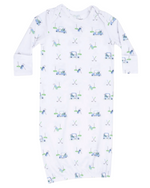 Angel Dear Baby Boys' Lap Shoulder Gown is made from white bamboo, with long sleeves and a blue and green golf-themed print—featuring carts, flags, and clubs—making it ideal as cozy baby sleepwear.