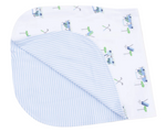 The Angel Dear Baby Golf Carts - Blue Stripe 2 Ply Burp Cloth with Binding features blue and white stripes on one side and a golf-themed print on the other—perfect for snuggling or as a soft burp cloth.