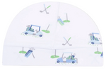 Angel Dear Beanie Hat featuring a charming pattern of golf carts, clubs, and greens in blue, green, and gray—an adorable newborn accessory for little golfers.