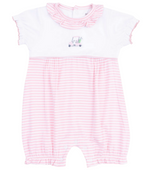 The Angel Dear Baby Girl's Ruffle Collar Romper with Piping and Picot features pink and white stripes, short sleeves, a ruffled collar, and sweet golf cart embroidery—perfect for stylish little ones.