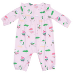 Angel Dear Baby Girls' Ruffle Sleeve Romper features cartoon animals in hats and scarves, green lily pads, yellow accents, and is made from soft bamboo fabric for extra comfort.