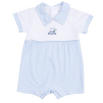 The Angel Dear Baby Boys' Polo Shortie with Contrast features blue and white stripes, a collared neckline, and an embroidered golf cart on the chest.