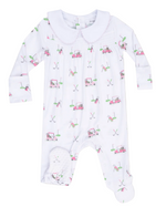 The Angel Dear Baby Girls' Smocked Peter Pan Snap Footie features long sleeves, a classic collar, and playful pink golf cart prints—ideal for fans of charming bamboo baby clothing.
