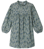 The Bonpoint Girls' Topaz Dress features an embroidered collar and pleated Liberty velvet fabric, designed in a knee-length style with long sleeves, in elegant shades of blue and green.