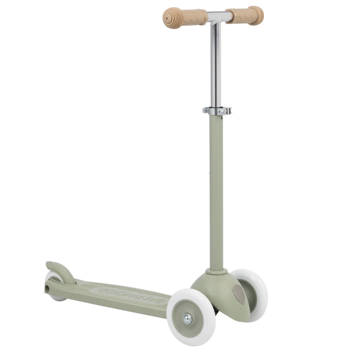 The Banwood Eco Scooter features a light green recycled plastic deck, beige handlebars, white wheels, and a silver vertical stem.