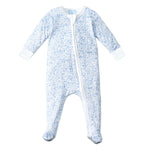 The Joy Street Baby Seaside Zip Onesie features a blue and white seaside print, long sleeves, footed legs, and a front zipper closure—perfect for capturing those summer vibes.