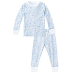 The Joy Street Baby Seaside Two Piece Pajama features long sleeves, blue and white intricate seaside print, and white cuffs—perfect for little ones who love summer traditions by the shore.