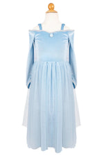 The Velvety Soft Princess Gown by Great Pretenders, in light blue with long sleeves, off-the-shoulder straps, and a full tulle skirt, is displayed on a dress form—ideal for any fairy tale costume adventure.