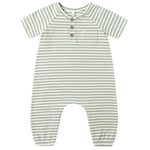 The Quincy Mae Baby Short Sleeve Jumpsuit features light green and white stripes, a chest pocket, three coconut buttons, and elasticized ankles for easy changes.