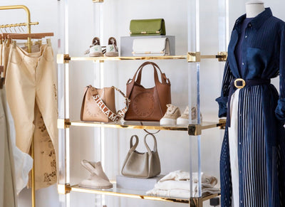 vignette at Hive Boutiques featuring various women's accessories in a lucite etagere and a dress form with a blue shirtdress and belt