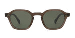 Front view of Rell Sunglasses by Mr. Leight, featuring a brown rectangular geometric silhouette, Select Glass dark lenses, and metal accents near the hinges.