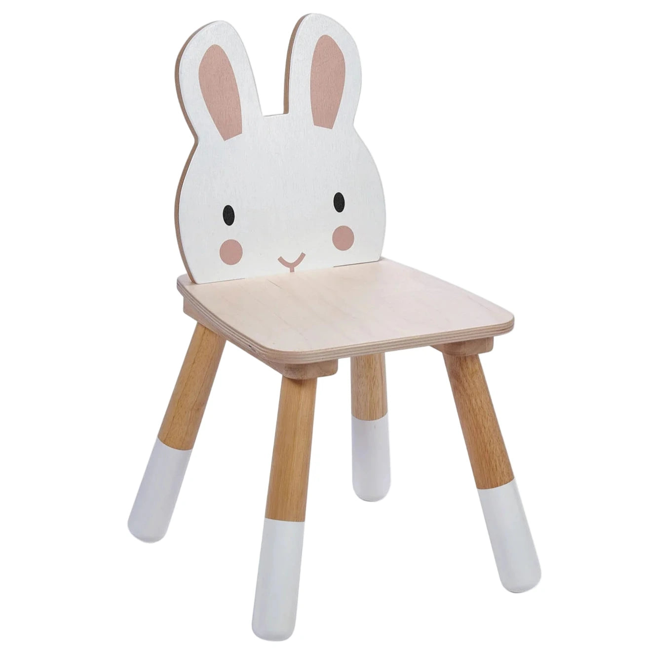 The Forest Rabbit Chair by Tender Leaf Toys is a modern plywood chair with a cute rabbit-face backrest and light wood legs with white tips—a playful addition to any room.