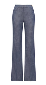 Blue "Tonne Pant" by Callas Milano, high-rise wide-leg denim with front pockets and subtle horizontal texture on a white background, featuring a stylish flare silhouette.