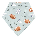 The Angel Dear Bandana Bib is a light blue teething bib with footballs, play diagrams, "Go Team" flags, and X and O symbols—perfect for little sports fans.