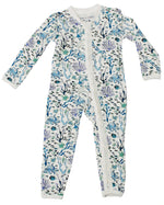 The Timo & Violet Baby' One-Piece is a long-sleeve romper with a front zipper, fold-over mittens, and an ocean-themed blue and purple print with sea creatures and plants.