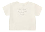 The Quincy Mae Baby and Kids' Boxy Tee is a comfy white t-shirt featuring the phrase "You are my sun my moon all my stars" in simple black script on the front.