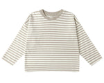 The Rylee & Cru Baby Boys' and Boys' Camden Long Sleeve Tee features a boxy fit, crew neckline, subtle contrast neck ribbing, and horizontal beige and white stripes.