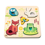 The Tender Leaf Toys Touchy Feely Animals puzzle board features tactile animal-shaped pieces—a blue owl, white rabbit, red fox, green frog, and yellow butterfly—ideal for sensory play and early learning.